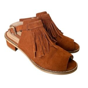 Topshop Peep Toe Brown Fringed Faux Suede Sandals-Size US 5 Euro 38